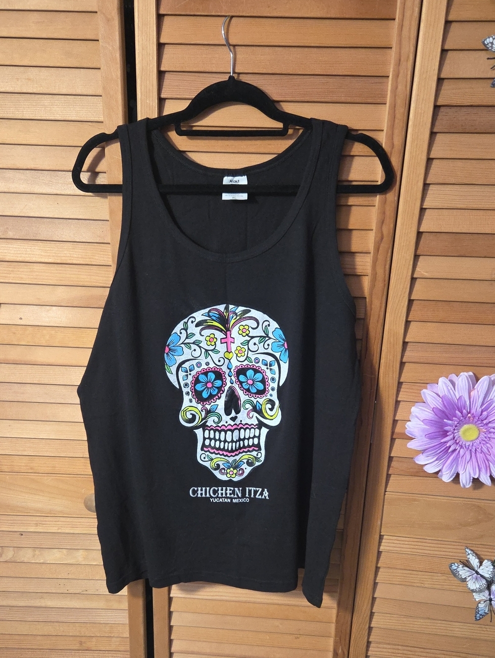 Black Women's Tank with Colorful Sugar Skull Print - Chichen Itza